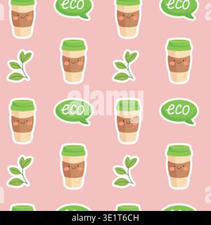 Cute eco seamless pattern with reusable coffee cup leaves and eco text on pink background Stock Vector