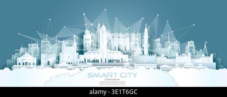 Technology wireless network communication smart city with architecture in Marrakech Morocco at europe skyline for design banner technology, Green city Stock Vector