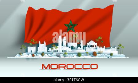 Independence anniversary celebration national day in Morocco flag background with Travel africa landmarks architecture of Morocco in marrakech. Stock Vector