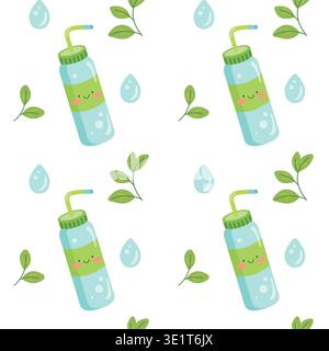 Cute seamless pattern with reusable water bottle leaves and water drops for eco friendly design Stock Vector