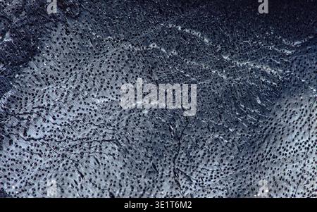 Microscopic porous surface with countless tiny holes and intricate rough patterns forming a dark, gritty textured background for design. Photography, Stock Photo
