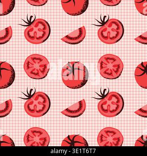 Tomatoes Seamless Pattern in trendy Textured style on a gingham background. Trendy Vector illustration in hand-drawn flat style. Stock Vector
