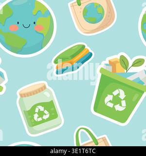 Eco friendly seamless pattern with earth globe recycling bin glass jar and tote bag Stock Vector