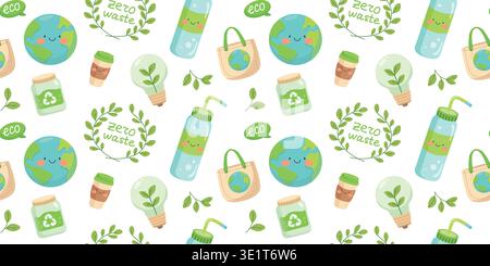 Cute eco seamless pattern with earth water bottle recycling jar and zero waste elements Stock Vector