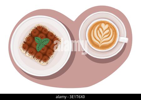 Italian tiramisu and cappuccino coffee top view vector food illustration. Hand drawn composition with heart shaped background. Sweet dessert for cafe menu design. Perfect for restaurant packaging. Stock Vector
