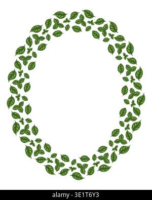 Basil leaf oval frame vector food illustration. Hand drawn cartoon wreath with green herb foliage. Fresh aromatic seasoning for restaurant menu graphic. Perfect for logo design and product packaging. Stock Vector