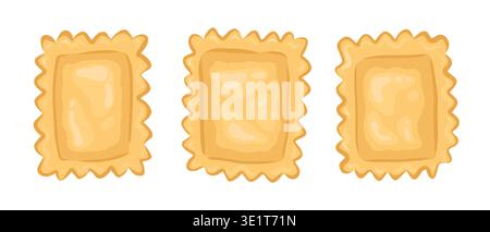 Ravioli pasta set top view vector hand drawn illustration. Italian food cartoon drawing for menu and restaurant template. Isolated rectangular ingredient for culinary graphic shape or product design. Stock Vector