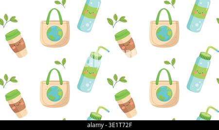 Sustainable lifestyle seamless pattern with reusable cup water bottle and eco tote bag Stock Vector