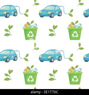 Green energy seamless pattern with electric car recycling bin and leaves for eco design Stock Vector