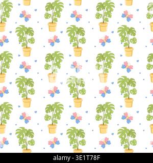Monstera Plants and Butterflies Stock Vector