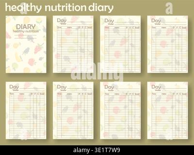 A mockup of a healthy nutrition diary template shows blank pages for tracking daily meals and water intake. Each page includes sections to fill out Stock Vector