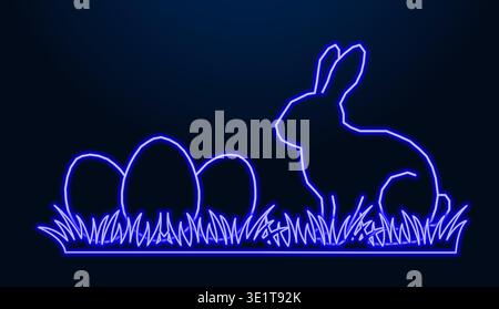 Blue neon outline of easter bunny and eggs on grass background. Stock Vector