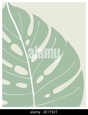 Minimalist monstera leaf illustration in pastel green and beige colors. Modern botanical aesthetic wall art, tropical foliage poster in flat scandinav Stock Vector