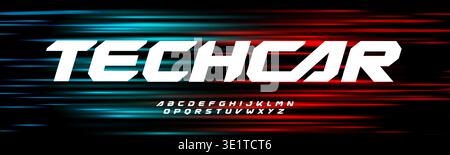 Modern Tech Racing Font With Speed Lines Effect On Red, Turquoise, Neon Light Background. Bold Sport Alphabet For Car, Motorsport, Game Logo, Poster Stock Vector