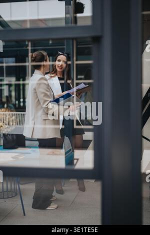 Two female professionals collaborating over documents in a modern office through a glass partition Stock Photo