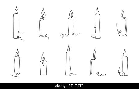 Simple line art of ten candles. Each candle shows unique melting or wicking styles. Minimalist design suits creative or minimalist projects. Candles b Stock Vector