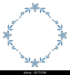 Blue leaves and flowers square diagonal frame. Romantic vintage isolated vector illustration on white background. Cute summer decor for clothes and ho Stock Vector