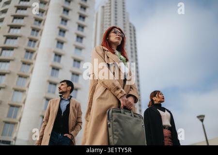 Business meeting of three professionals standing outside an office building in an urban setting Stock Photo