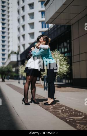 Two businesswomen hugging outdoors after a meeting in a modern urban office district Stock Photo