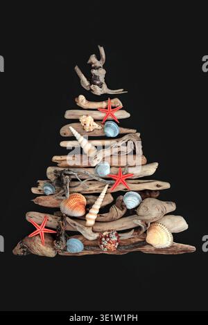 Driftwood seashell tree concept shape on dark gray background with white frame. Natural seaside coastal reclaimed wood design for logo, greeting card. Stock Photo