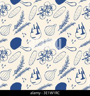 Hand-drawn vegetables and herbs in blue ink on cream background. Cucumbers, tomatoes, onions, and rosemary scattered with charm. Simple line art evoke Stock Vector