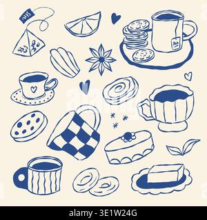 Cozy tea time illustrations in blue ink. Cups, cookies, citrus, and pastries fill the scene. Hand-drawn style evokes warmth and comfort. Perfect for c Stock Vector