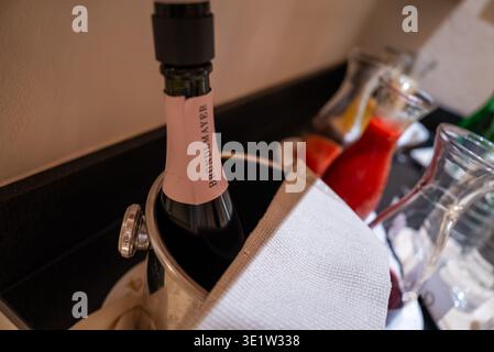 Brundlmayer sparkling wine in ice bucket with juices on dark counter Stock Photo