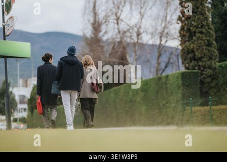 Three business associates walking together along a city sidewalk near a car rental sign Stock Photo