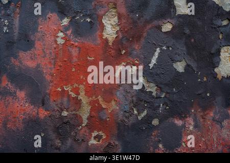 Abstract detail of an old, weathered, black and red wall on the exterior of a building with cracked and peeling paint. Stock Photo