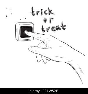 Sketch of a hand pressing the doorbell. Hand-drawn ink vector illustration of rings. Linear graphic elements for Halloween design, isolated on a white Stock Vector