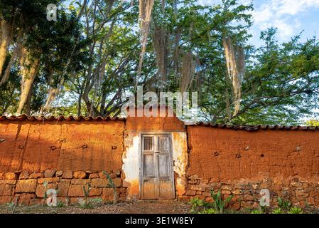 Rustic adobe wall and old wooden door in Barichara, Colombia, with green trees and Spanish moss creating a serene atmosphere Stock Photo