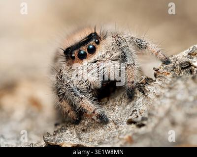 Macro of regal jumping spider (Phidippus regius) on rock surface, showing hairy body and detailed forward-facing eyes. Stock Photo