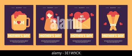 Minimalist and simple Mother's Day poster collection set featuring flat illustration of a mug, mom and daughter, envelope, and bouquet. Stock Vector