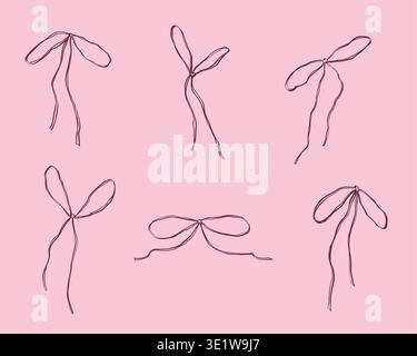 Whimsical bow and ribbon illustration collection in hand-drawn ink sketch style. Cute decorative bows and flowing ribbons for romantic, vintage, and Stock Vector