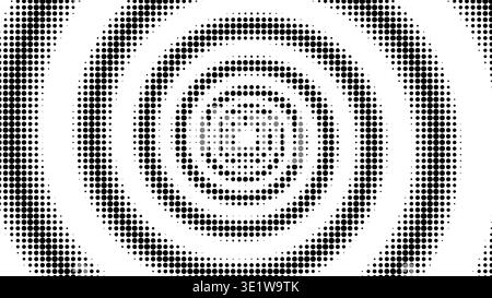 Hypnotic spiral vortex with halftone dots creating psychedelic optical illusion. Radial pattern with concentric circles and swirling geometric texture on white background. Stock Vector