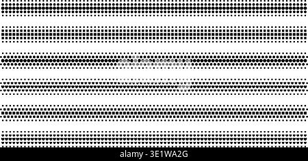 Halftone divider stripes with dots, squares, and hearts. Gradient fade patterns create comic style borders with creative texture and modern edge design elements. Stock Vector