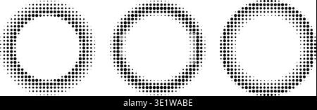 Round halftone frames featuring dotted circle patterns and gradient effects. Retro pop art borders with radial geometric textures ideal for digital designs and abstract backgrounds. Stock Vector