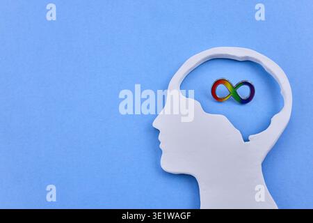 Human head silhouette with rainbow infinity symbol representing neurodiversity Stock Photo