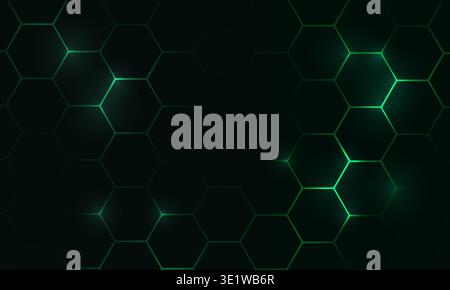 Dark green hexagonal grid glowing over abstract background, sleek neon highlights and subtle ambient glow, minimal circuitry accents and scattered Stock Photo