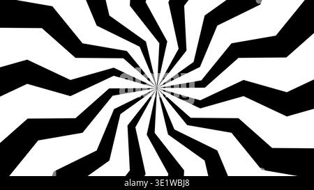Optical illusion with radial black and white zigzag patterns creating hypnotic spiral effect. Bold geometric background with sharp lines and psychedelic burst design. Stock Vector