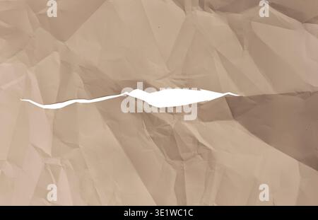 Ripped brown kraft paper reveals horizontal torn opening across crumpled textured surface. Rough jagged edge creates abstract grunge background Stock Photo