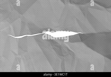 Ripped paper strip cuts across halftone dot pattern creating jagged torn edge. Black and white abstract texture forms rough monochrome background with Stock Photo