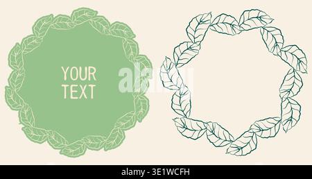Outline organic leaf circle frame, whimsical coquette decorative leaves border background card. Hand-drawn ink paint brush sketch curly line, doodle Stock Vector