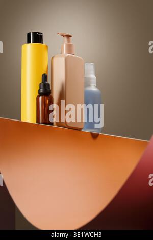 Assorted skincare containers on geometric warm set Stock Photo