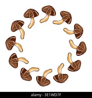 Wreath with cartoon style shiitake mushroom. Decorative natural food composition for restaurant menu, grocery store card and culinary design. Stock Vector