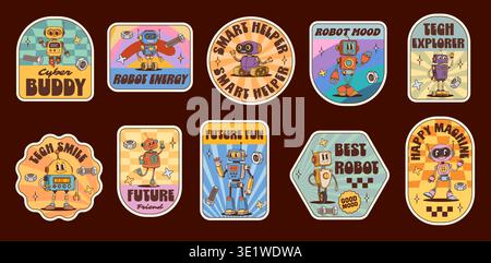 Robot characters on hippie groovy stickers and retro patches with droids, cartoon vector. Y2K funny groovy robot characters with happy faces and technology quotes, funky droids and futuristic bots Stock Vector