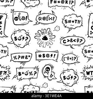 Comic swear speech bubbles vector seamless pattern. Black and white speech balloons with scribbled profanity marks, exaggerated curse words, expressive cloud bursts. Funny crayons seamless pattern Stock Vector