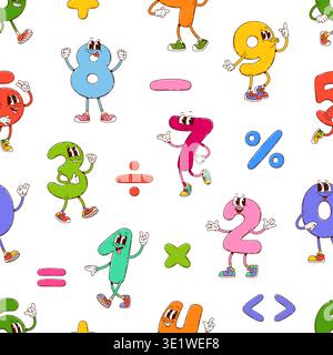 Groovy math numbers characters school education seamless pattern. Cartoon vector tile with funny digits and arithmetic symbols. Retro educational background with vintage personages and y2k hippie vibe Stock Vector