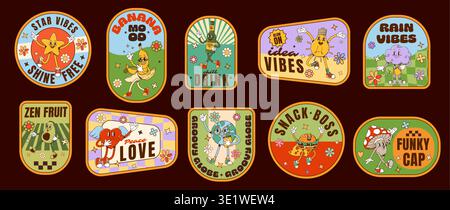 Groovy label stickers, hippie retro patches set. Cartoon vector badges featuring playful star, banana, bottle, lightbulb, cloud, avocado, heart, globe, burger, and mushroom, each with text slogans Stock Vector