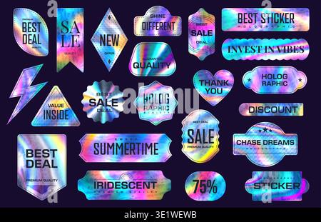 Holographic labels, hologram rainbow foil stickers, gradient iridescent labels. Vector set of holographic patches, badges or tags featuring retro and futuristic sale, discount, quality and promotions Stock Vector